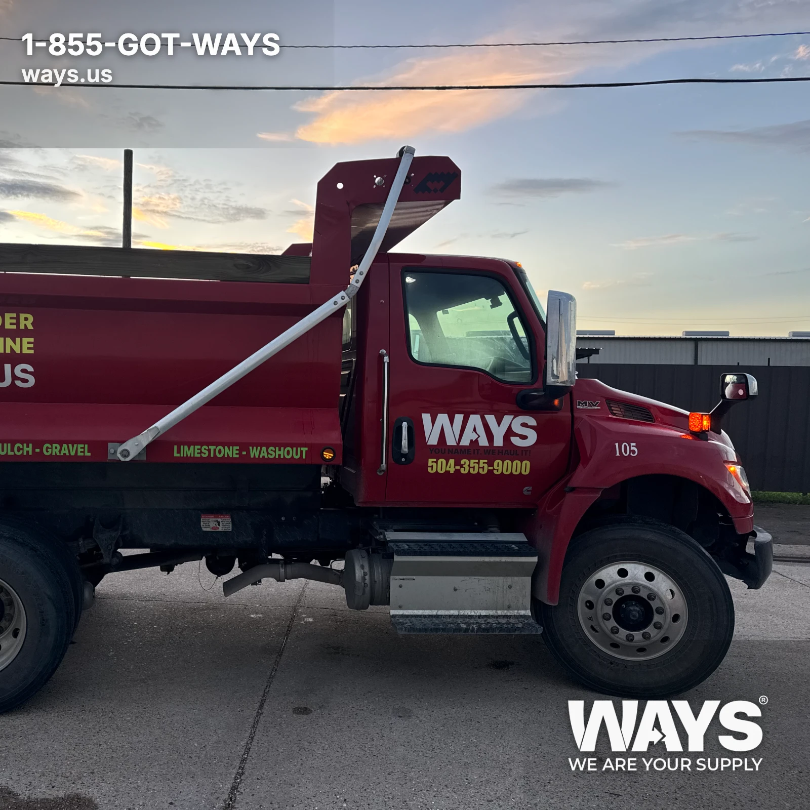 WAYS Materials red dump truck unit 105 branded with gravel limestone mulch delivery services