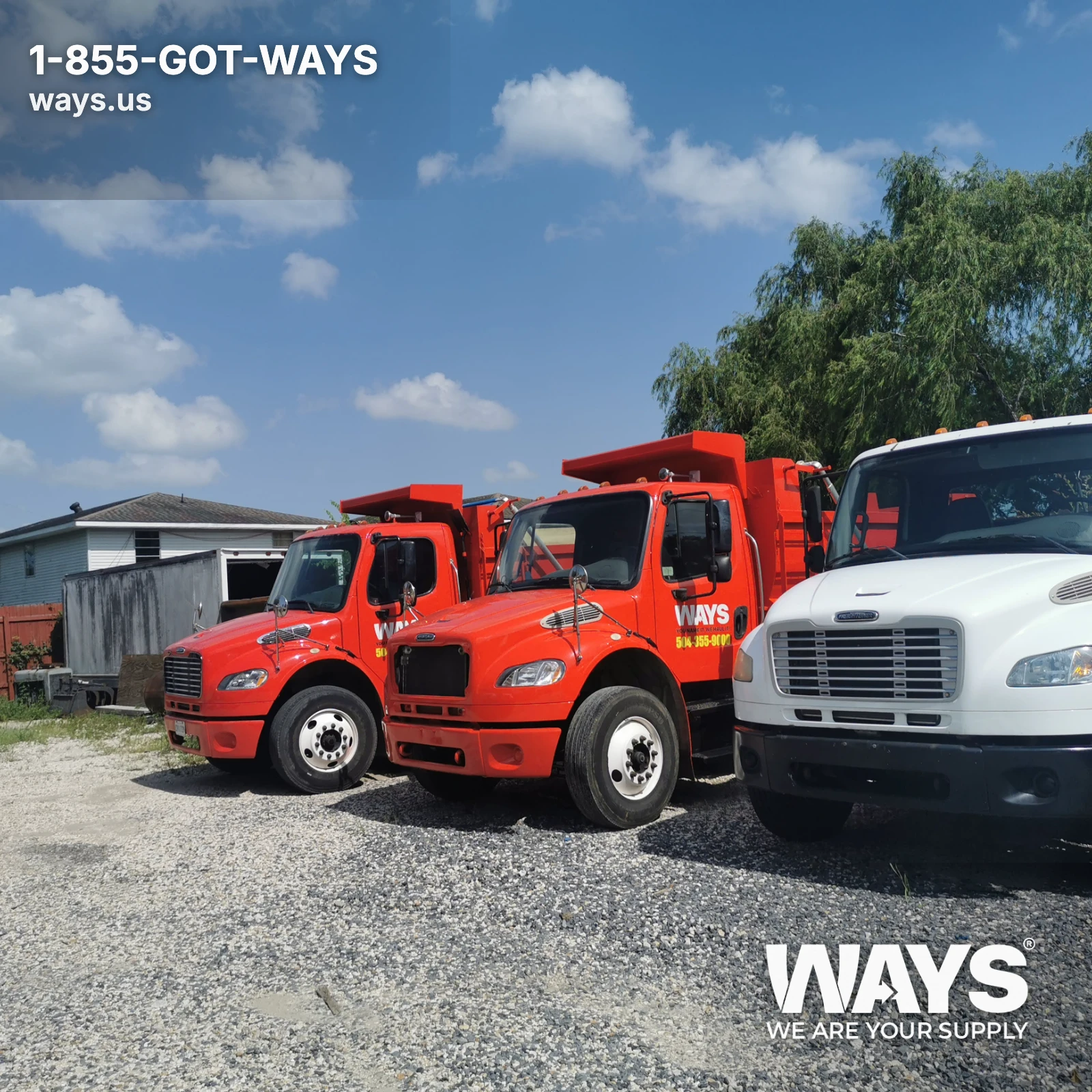 Three WAYS Materials dump trucks parked and ready for bulk material delivery in New Orleans Metro